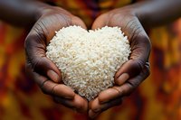 African American hands holding white rice grains shaped in heart form against warm blurred background, representing food charity, love and care concept.