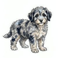 Fluffy mixed breed dog with black and white coat standing alert on white background, isolated for design use on merchandise and graphics.