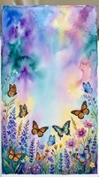 Watercolor butterflies and wildflowers on colorful rainbow background. Spring garden scene with monarch and blue butterflies among purple blooms and grass.