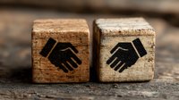 Wooden blocks with handshake symbols representing partnership, teamwork, cooperation and business collaboration concepts on rustic surface.