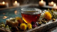 Herbal tea in glass cup with honey, chamomile flowers and dried herbs on wooden tray. Natural wellness drink for relaxation and health benefits.