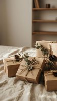 Eco-friendly gift boxes wrapped in brown kraft paper with natural twine, eucalyptus leaves and pine cones for sustainable holiday packaging and celebrations.