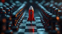 Red rocket on dark metallic chess board surface with dramatic lighting and reflections, symbolizing business strategy, innovation and startup launch concept.