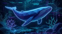 Digital whale swimming through futuristic cyber ocean with glowing circuit patterns and neon blue technology elements for modern design projects.