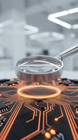 Magnifying glass examining glowing orange circuit board with electronic pathways in modern laboratory setting for technology analysis and research.