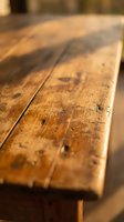 Rustic wooden table surface with natural grain patterns and weathered texture for interior design and furniture concepts.