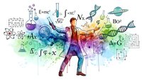 Young male scientist in suit surrounded by colorful mathematical formulas, DNA strands, atoms and scientific symbols on white background.