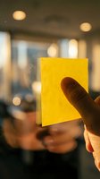 Hand holding bright yellow sticky note against blurred office background with warm lighting. Concept for reminders, notes, messages, and workplace communication.