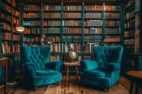 Cozy vintage library interior with two luxurious teal velvet armchairs and antique globe on wooden table, surrounded by floor-to-ceiling bookshelves perfect for educational or lifestyle design.