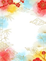 Asian watercolor frame with cherry blossoms, bamboo and traditional clouds on white background for greeting cards and invitations.