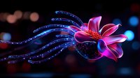 Glowing pink lotus flower with magical blue light trails against dark background, mystical bokeh effect creates dreamy atmosphere for spiritual designs.