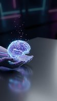 Glowing neon brain hologram floating above open hands with sparkling particles, representing artificial intelligence, innovation, and digital technology concepts for business and science applications.