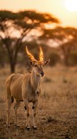 Majestic kudu antelope standing in golden savanna grassland during warm sunset with acacia trees creating dramatic wildlife photography composition.