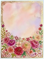 Vintage floral border frame with ornate gold scrollwork and blooming roses, peonies, and ranunculus on soft pastel background. Isolated design element for invitations, cards, and stationery projects.