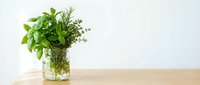 Fresh green herbs in glass jar on wooden table including basil rosemary and thyme for cooking and culinary use in bright kitchen setting.