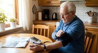 Senior Caucasian man with glasses reading book at wooden kitchen table with newspaper and coffee mug in cozy home interior with natural sunlight.