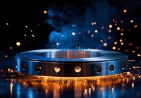 Futuristic metallic ring with glowing holes emits sparks and blue smoke against dark background, creating dramatic sci-fi atmosphere and reflective surface.