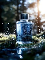 Transparent bottle with sparkling water on moss in forest setting, magical water drops and sunlight creating mystical atmosphere. Natural cosmetics concept.