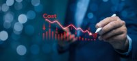 Businessman drawing declining cost chart with red arrow showing expense reduction and financial optimization for budget management and profit growth.