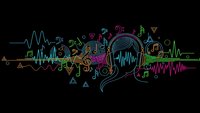 Colorful neon music waveform with headphones and musical notes on black background for audio production and sound design projects.