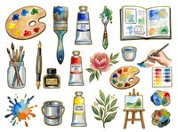 Watercolor painting supplies and art materials collection including brushes, palettes, tubes, botanical elements, and easel on white background, suitable for creative projects, art education, and design work.