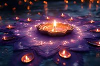 Glowing oil lamps arranged in circular pattern on purple surface with bokeh lights, suitable for spiritual, meditation, festival and wellness design projects.
