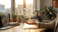 Woman in business casual attire working at desk near window with potted plants, laptop, and glowing light bulb symbolizing ideas and innovation during golden hour.