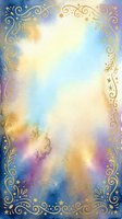 Watercolor gradient background with gold ornamental border frame, swirling flourishes and stars, isolated on white space for greeting cards, invitations, posters and design projects.