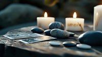 Mystical tarot cards layout with smooth dark stones and glowing white candles creating spiritual atmosphere on black surface in dim light. Fortune telling concept.