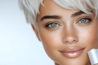 Closeup portrait of a young woman with platinum blonde pixie cut, fair complexion, and blue eyes holding skincare product near face against white background.