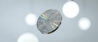 Dogecoin cryptocurrency coin floating in air with bright bokeh lights on gray background for digital finance and blockchain investment concepts.