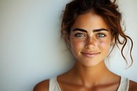 Young woman with natural freckles and messy bun hairstyle smiling warmly at camera against light wall background, wearing casual white tank top.