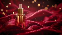 Luxurious gold cosmetic dropper bottle on shimmering red silk fabric with magical bokeh lights and glitter sparkles, elegant beauty product photography.