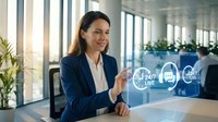 Professional businesswoman using virtual customer service interface with 24/7 support icons in modern office environment for digital communication solutions.