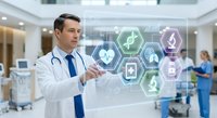 Male doctor in white coat using futuristic digital healthcare interface with medical icons in modern hospital setting for telemedicine and smart medicine.