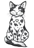 Smiling cat with heart pattern fur in monochrome style, isolated on white background for pet-themed designs and greeting cards.