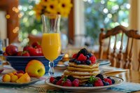 Stack of fluffy pancakes topped with fresh berries and maple syrup on rustic wooden table with orange juice and fruits, morning breakfast setting in sunny room.