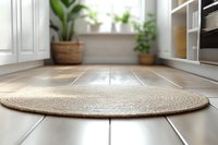 Round beige jute rug on wooden floor in modern minimalist kitchen interior with white cabinets and green plants in terracotta pots, home decor concept.