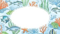 Underwater marine life frame with tropical fish, coral reef, seaweed and starfish creating oval border for text space on white background.