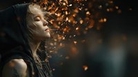 Young woman with blonde hair in dark hood surrounded by glowing embers and sparks against blurred background, creating dramatic atmospheric effect.