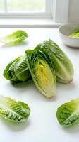 Fresh romaine lettuce heads and leaves arranged on white kitchen counter near window for healthy cooking and salad preparation.