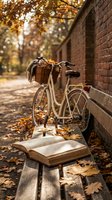 Vintage bicycle with wicker basket parked by brick wall on autumn day with open book on wooden bench surrounded by golden fallen leaves creating cozy atmosphere.
