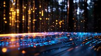 Glowing blue and orange light trails with bokeh effects against dark forest background create magical atmosphere for technology and innovation concepts.