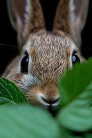 Close-up portrait of curious brown rabbit peeking through green leaves, showing detailed fur texture and expressive eyes against dark background.