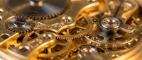 Intricate golden clockwork mechanism with gears, springs and mechanical components showcasing precision engineering and craftsmanship in luxury timepiece movement.