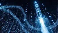 Futuristic rocket launch with digital binary code streams and glowing blue data visualization in cyberpunk space technology concept for innovation projects.