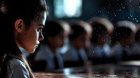 Young Asian student in profile view at desk with dramatic lighting and floating particles, other students blurred in background creating atmospheric educational scene.