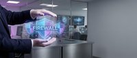 Businessman holding glowing firewall hologram in hands, cybersecurity protection concept for network defense and data safety in modern office environment.