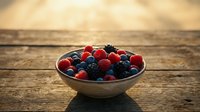 Fresh mixed berries in a rustic bowl on a wooden table with warm golden sunlight rays in the background, healthy eating concept.