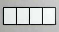 Four empty black picture frames mounted on white wall in row for gallery exhibition display mockup template ready for artwork insertion.